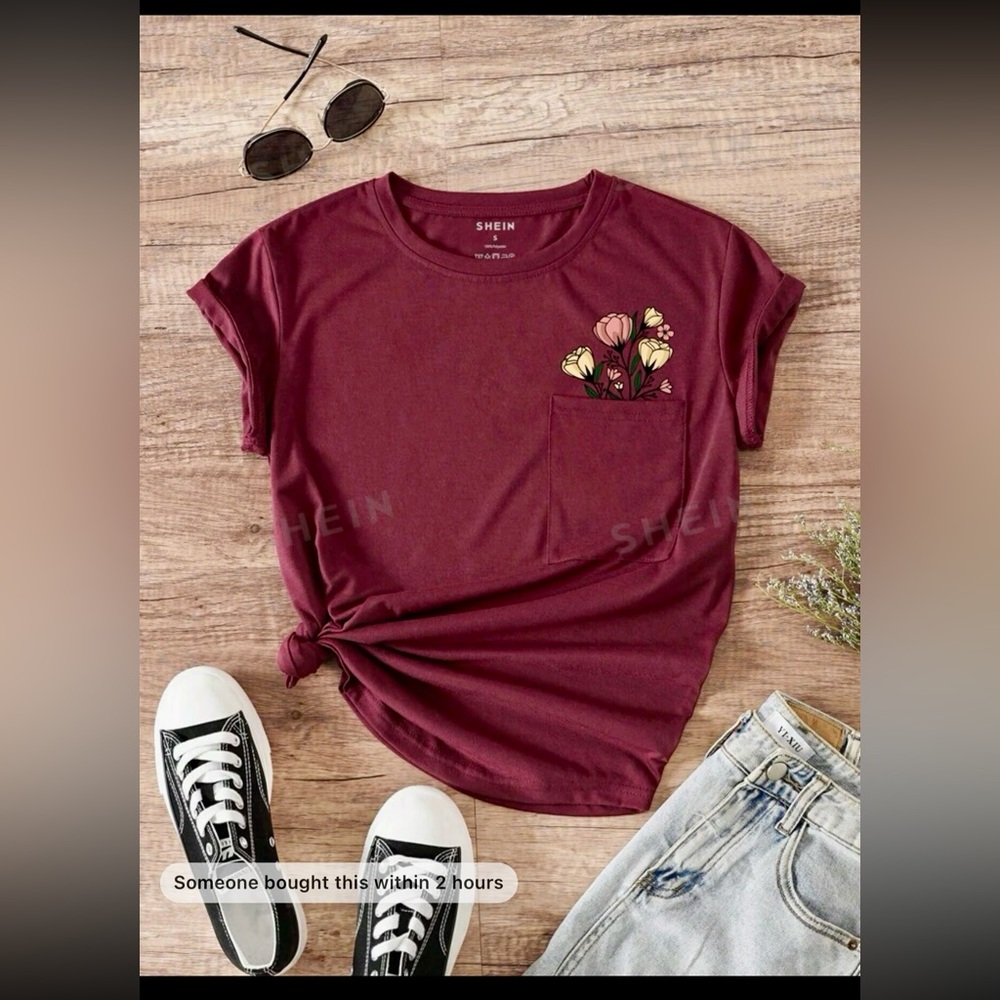SHEIN Lune Floral Print Pocket Patched Tee Color Burgundy Size XL Short Sleeve